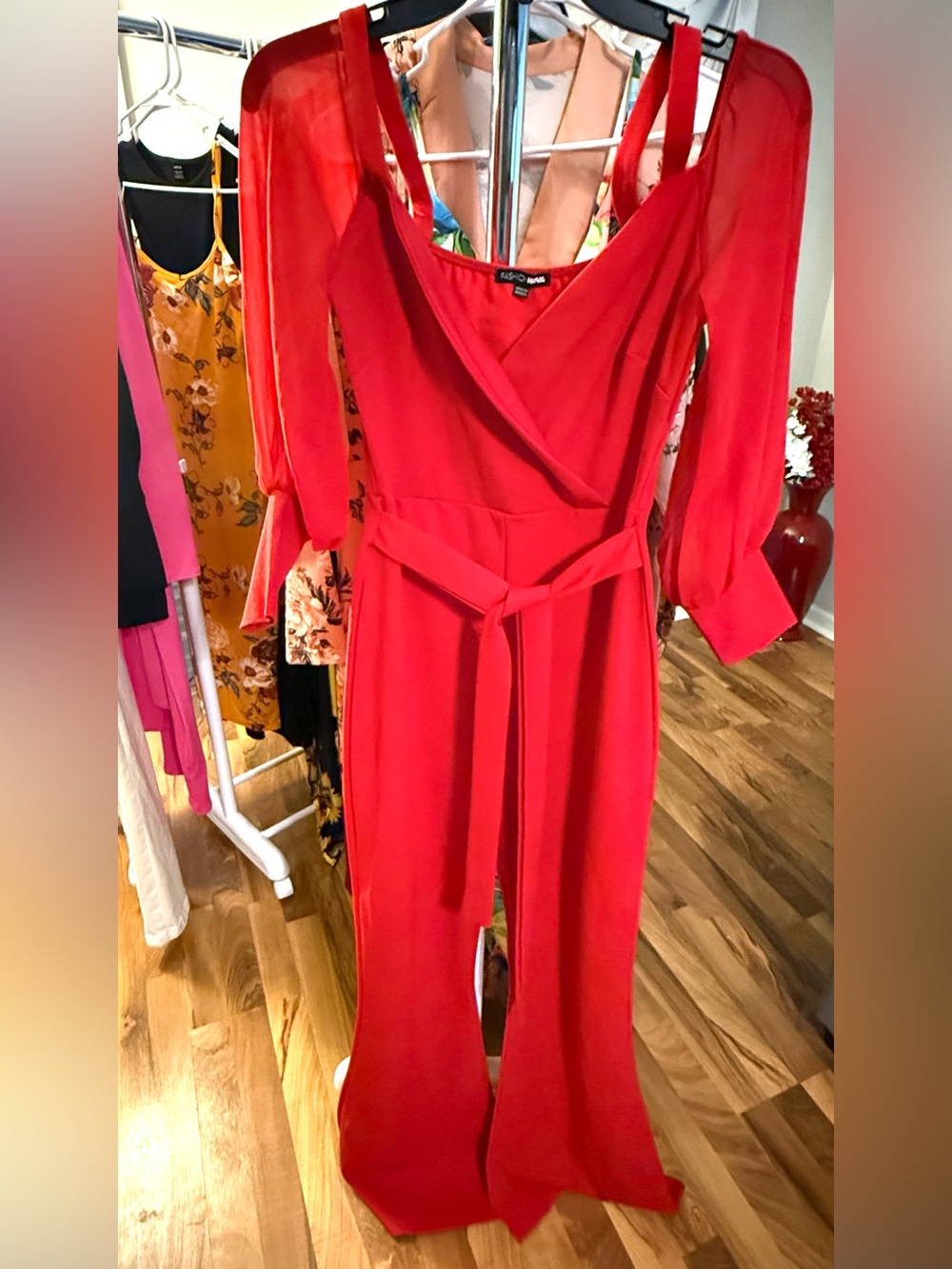 Fashion Nova Red Wrap Jumpsuit with Sheer Long Sleeves